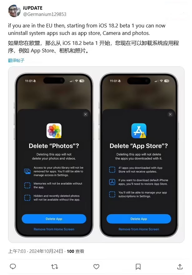 大丰苹果手机维修分享iOS 18.2 支持删除 App Store 应用商店 