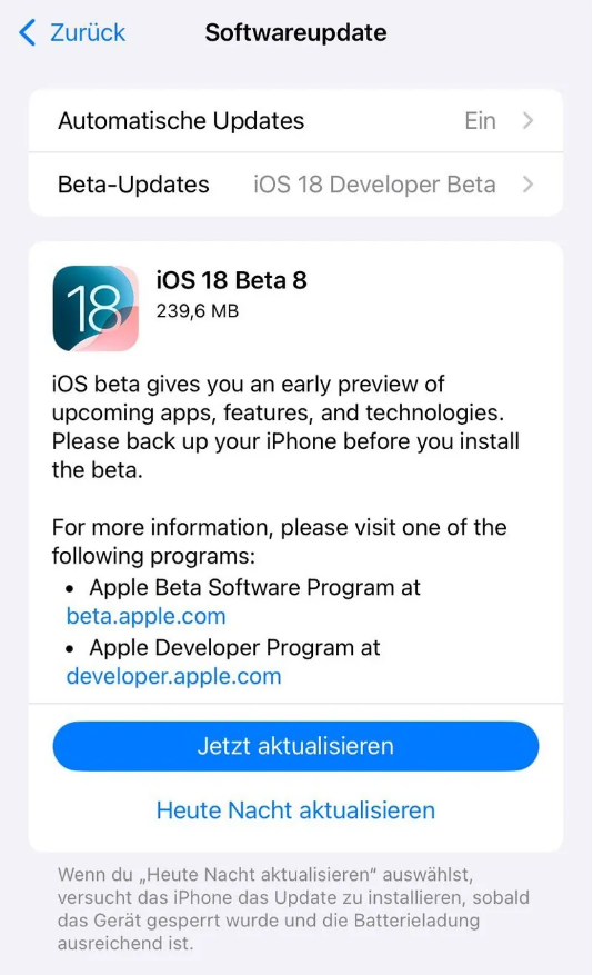 大丰苹果手机维修分享苹果 iOS / iPadOS 18 开发者预览版 Beta 8 发布 